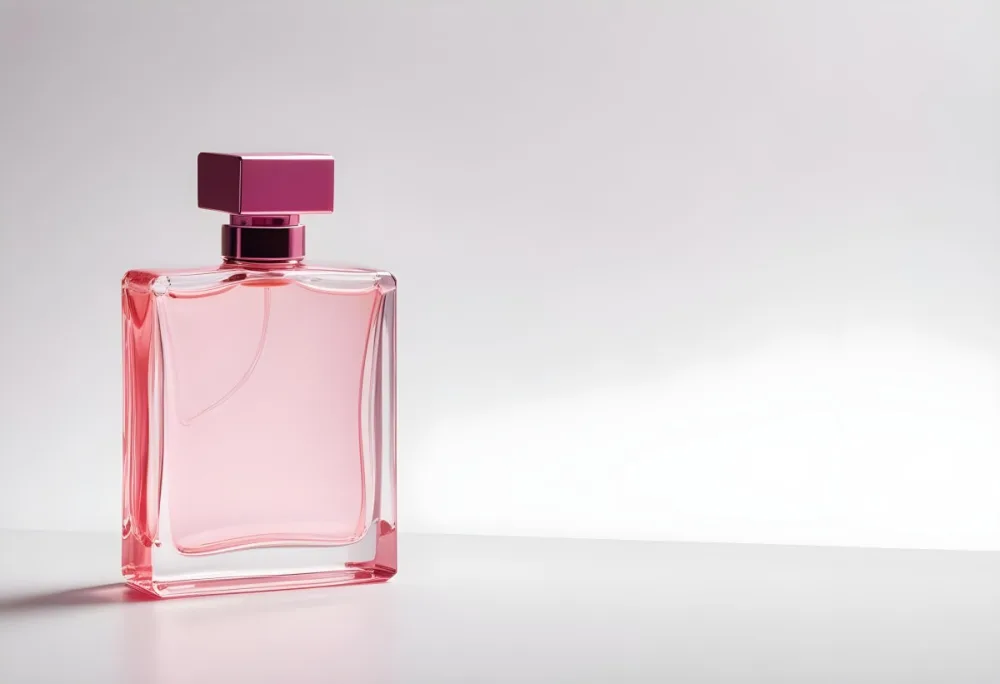 A Pink Perfume Bottle With A Metallic Pink Cap Simple Square Design On A White Background Minimalist Aesthetic Soft Lighting Product Photography 5 833b