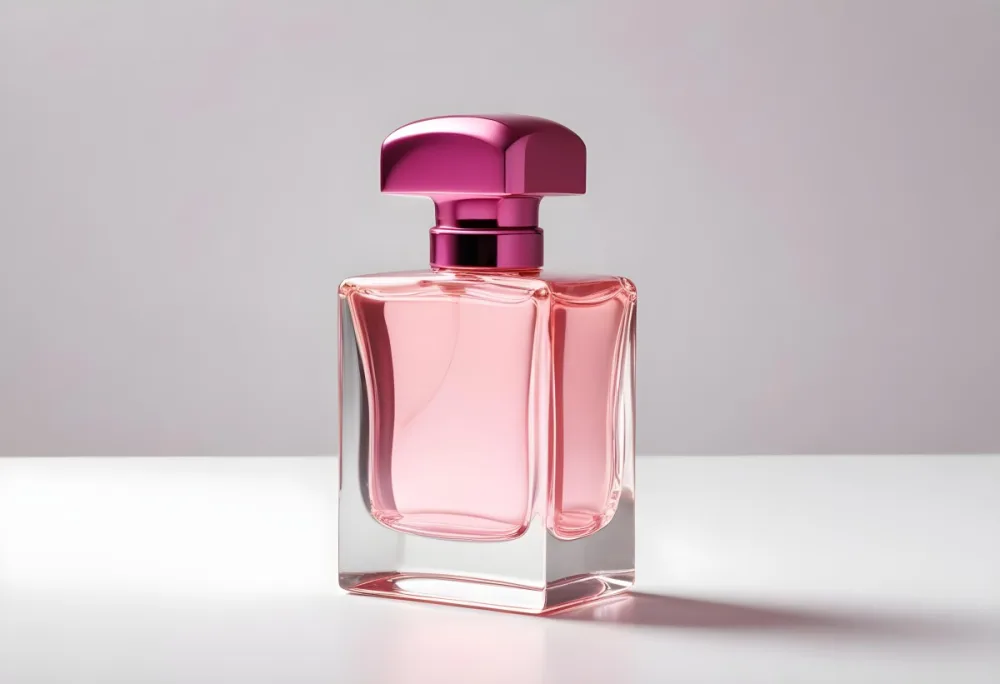 A Pink Perfume Bottle With A Metallic Pink Cap Simple Square Design On A White Background Minimalist Aesthetic Soft Lighting Product Photography 6 Ebb9