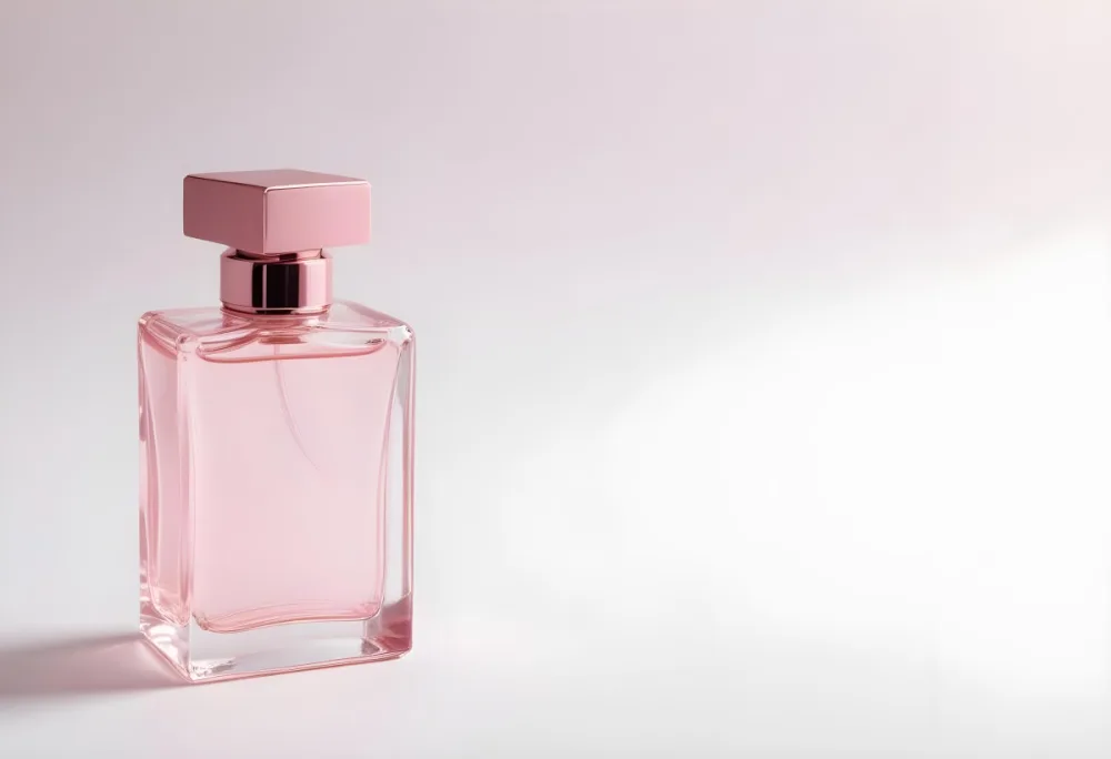 A Pink Perfume Bottle With A Metallic Pink Cap Simple Square Design On A White Background Minimalist Aesthetic Soft Lighting Product Photography 7 3829