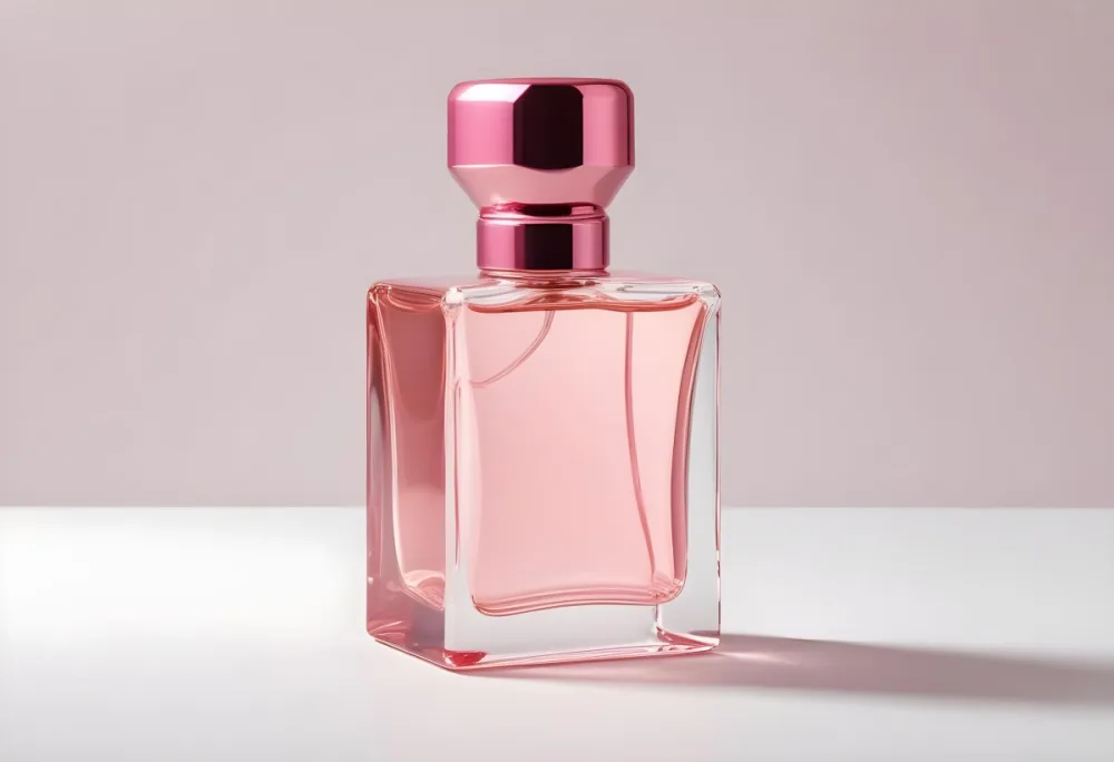 A Pink Perfume Bottle With A Metallic Pink Cap Simple Square Design On A White Background Minimalist Aesthetic Soft Lighting Product Photography 8 7fe9