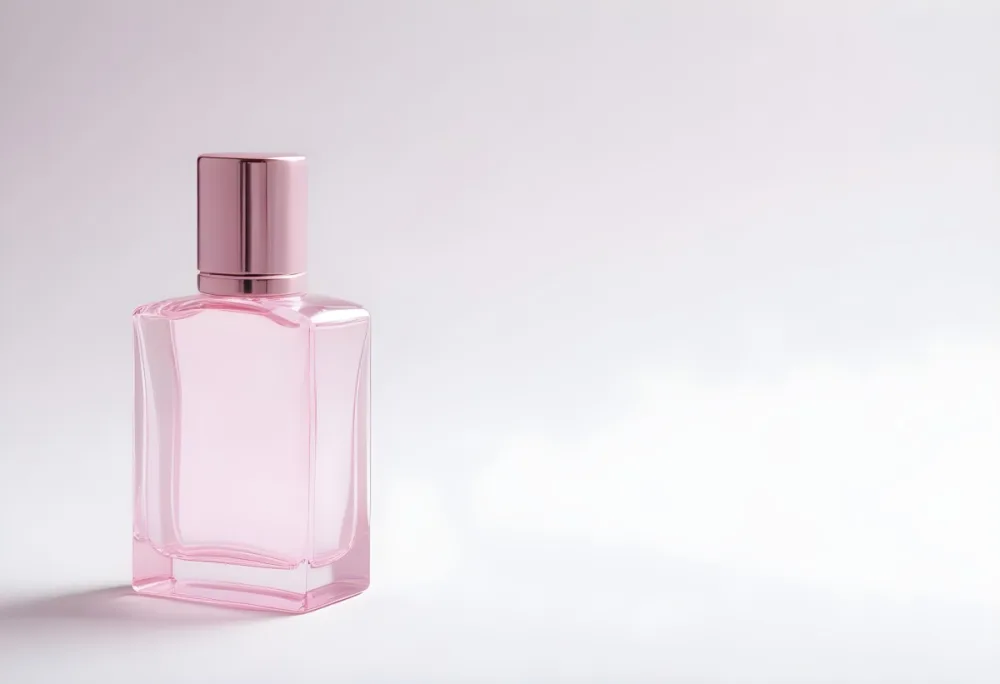 A Pink Perfume Bottle With A Metallic Pink Cap Simple Square Design On A White Background Minimalist Aesthetic Soft Lighting Product Photography 9 8371