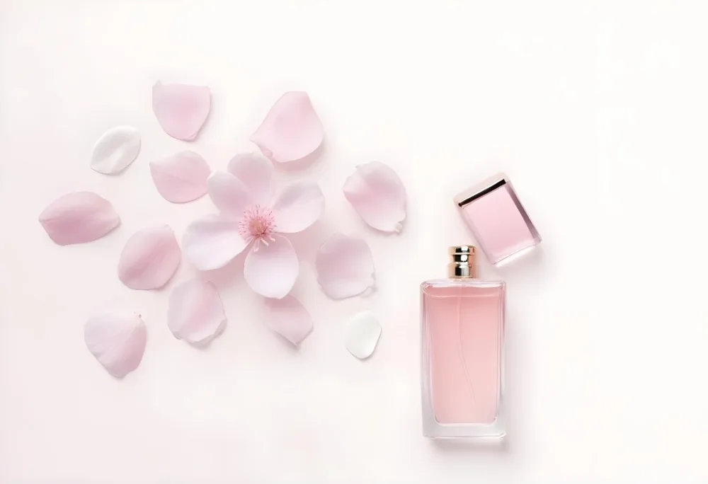 A Pink Perfume Bottle With Its Cap Next To It Surrounded By Pink Flower Petals On A Pink Background 27 0b6b