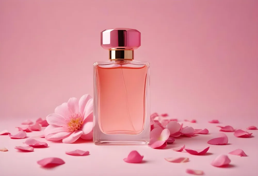 A Pink Perfume Bottle With Its Cap Next To It Surrounded By Pink Flower Petals On A Pink Background 30 A121