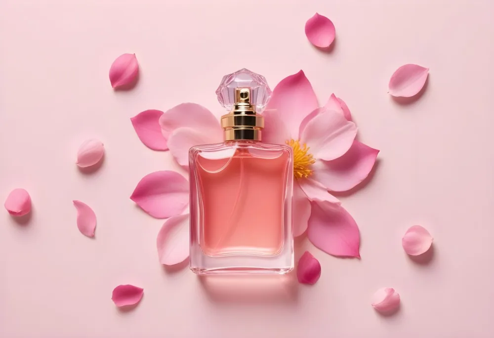 A Pink Perfume Bottle With Its Cap Next To It Surrounded By Pink Flower Petals On A Pink Background 4 2864