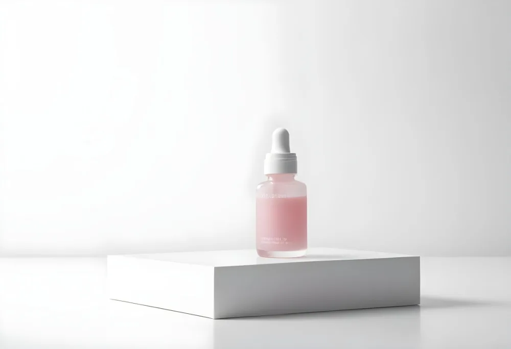 A Pink Serum Bottle With A White Dropper On A White Podium White Background 21 5917