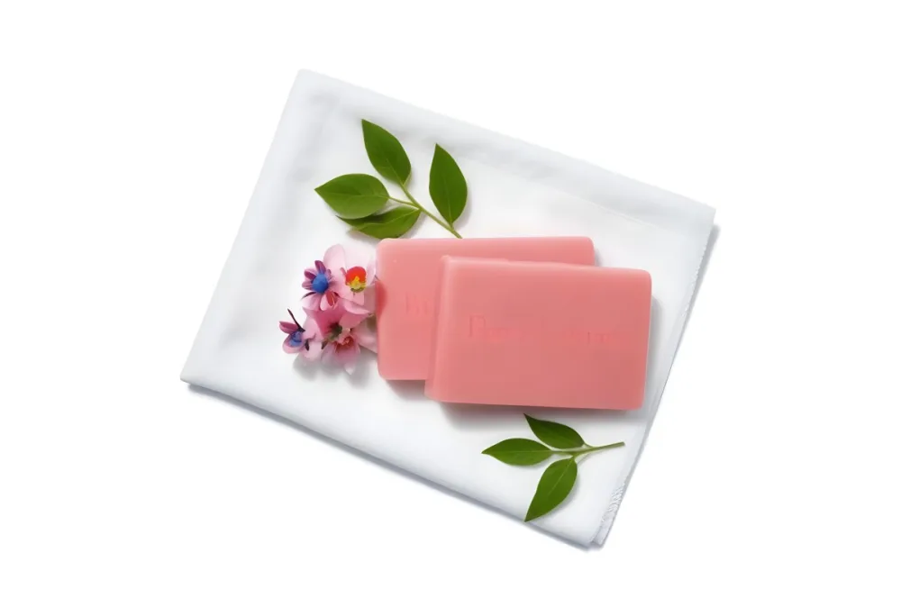 A Pink Soap Bar With Green Leaves On A White Towel Surrounded By Blue Flowers In Bright Sunlight 27 C392