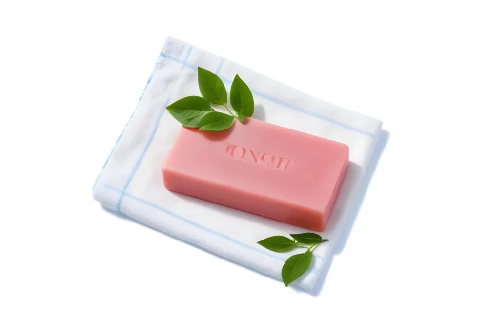 A Pink Soap Bar With Green Leaves On A White Towel Surrounded By Blue Flowers In Bright Sunlight 29 23d9
