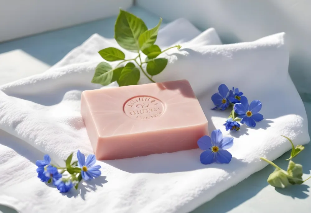 A Pink Soap Bar With Green Leaves On A White Towel Surrounded By Blue Flowers In Bright Sunlight 3 D0e4
