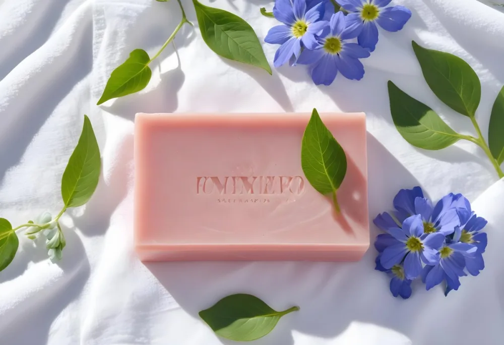 A Pink Soap Bar With Green Leaves On A White Towel Surrounded By Blue Flowers In Bright Sunlight 40 E0b5
