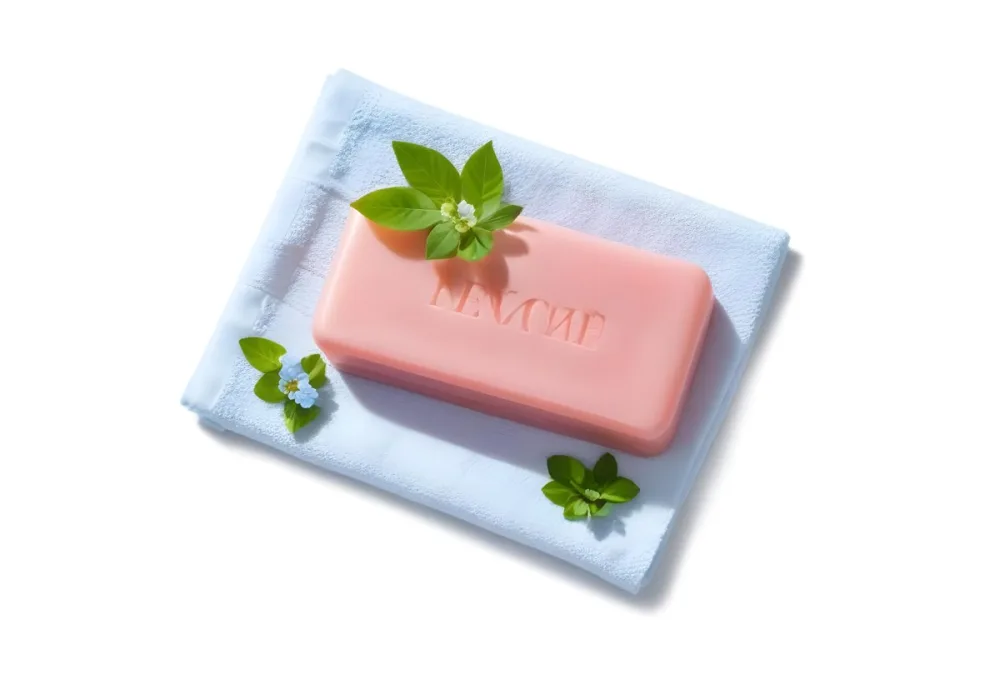 A Pink Soap Bar With Green Leaves On A White Towel Surrounded By Blue Flowers In Bright Sunlight 41 C91e