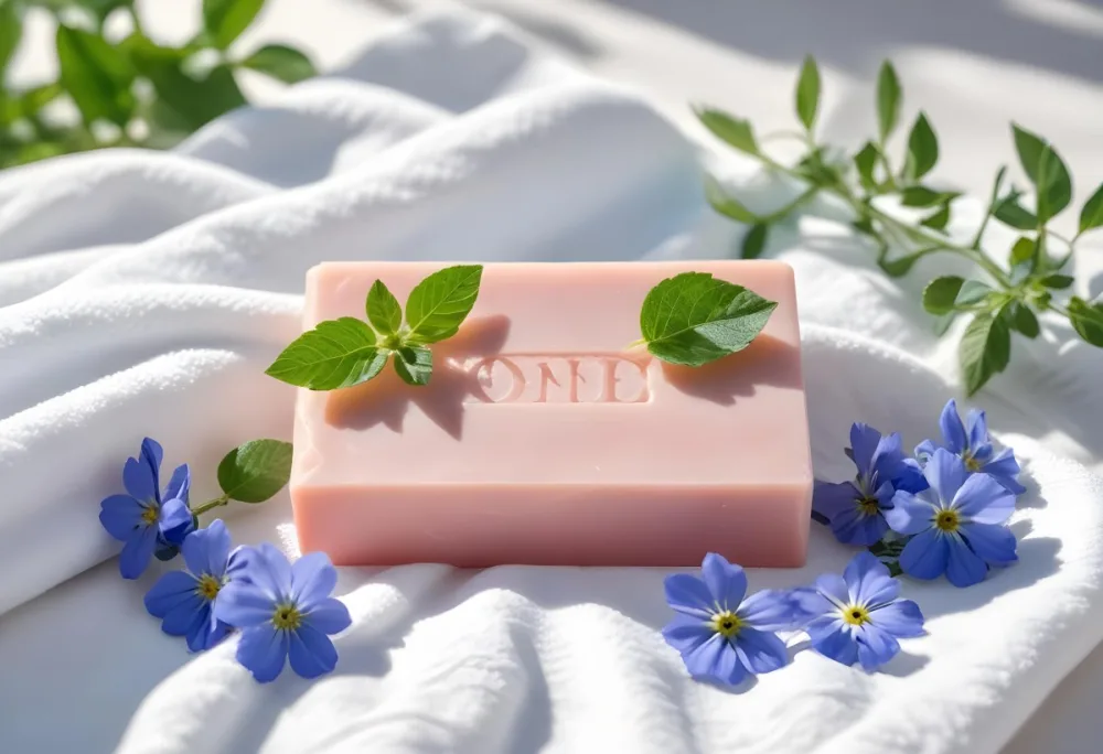 A Pink Soap Bar With Green Leaves On A White Towel Surrounded By Blue Flowers In Bright Sunlight 42 9cc7