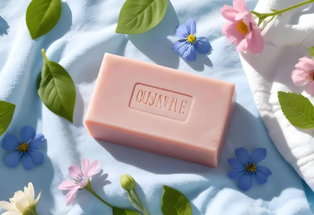 A Pink Soap Bar With Green Leaves On A White Towel Surrounded By Blue Flowers In Bright Sunlight 46 989a