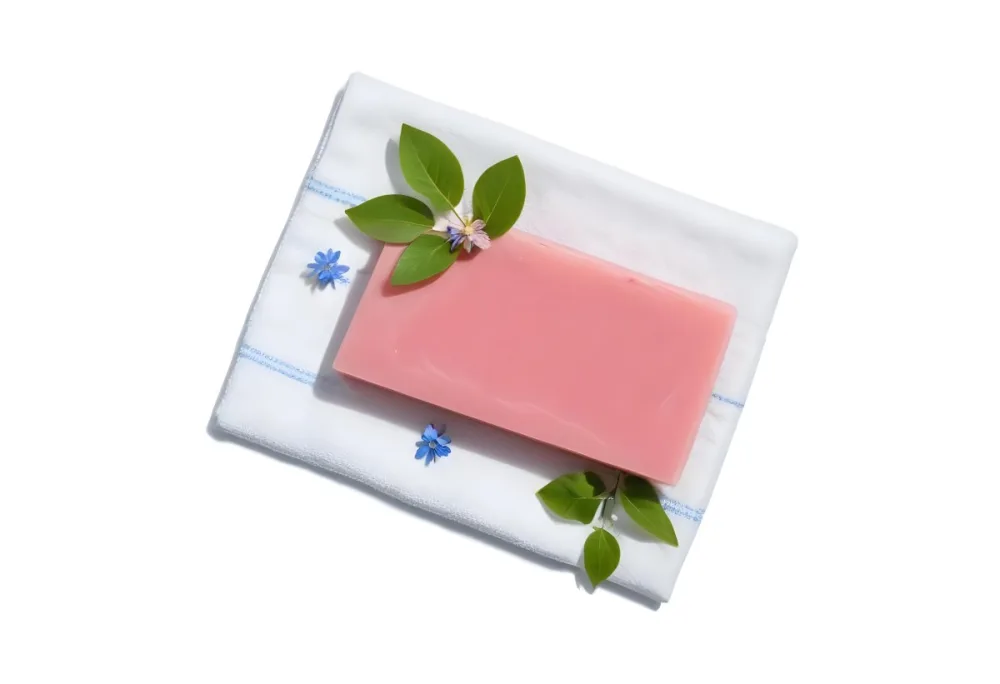 A Pink Soap Bar With Green Leaves On A White Towel Surrounded By Blue Flowers In Bright Sunlight 47 E0a2