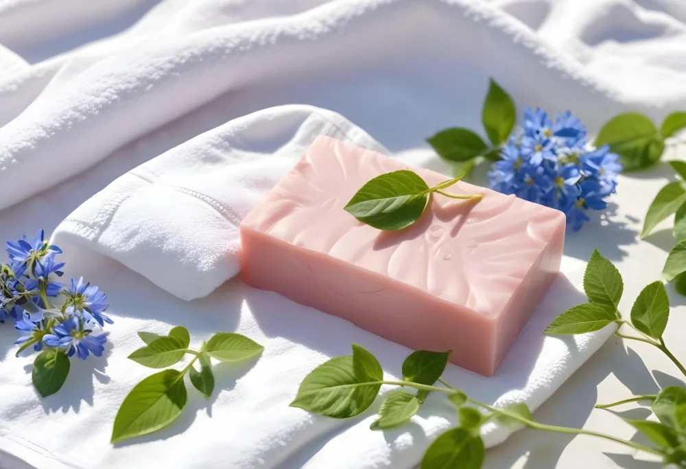A Pink Soap Bar With Green Leaves On A White Towel Surrounded By Blue Flowers In Bright Sunlight 49 7176