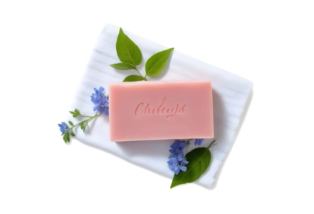 A Pink Soap Bar With Green Leaves On A White Towel Surrounded By Blue Flowers In Bright Sunlight 61 2d1f
