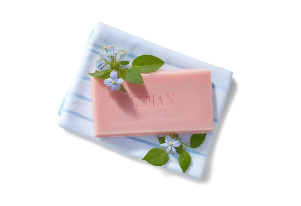 A Pink Soap Bar With Green Leaves On A White Towel Surrounded By Blue Flowers In Bright Sunlight 7 3050