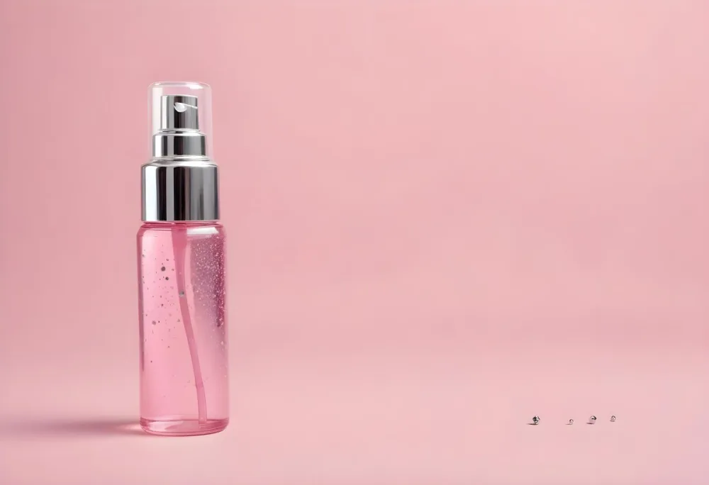 A Pink Spray Bottle With Silver Details And A Transparent Cap The Bottle Is Filled With A Pink Liquid With Silver Glitters Pink Background 16 2cc9