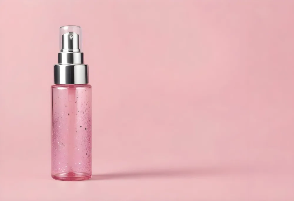 A Pink Spray Bottle With Silver Details And A Transparent Cap The Bottle Is Filled With A Pink Liquid With Silver Glitters Pink Background 17 A265