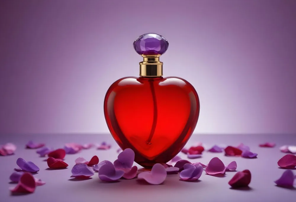 A Purple Heart Shaped Perfume Bottle With A Red Cap Surrounded By Scattered Pink Flower Petals Against A Soft Red Background 15 9fa4