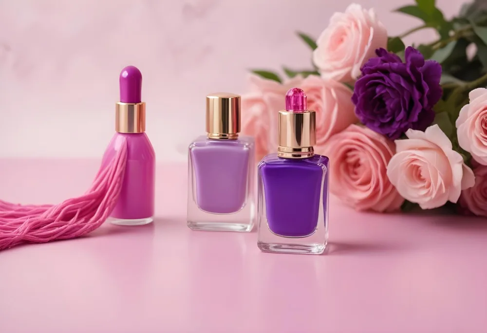 A Purple Nail Polish Bottle And A Pink Perfume Bottle With Tassel On A Pink Surface Purple Flowers In The Background 20 Bbab