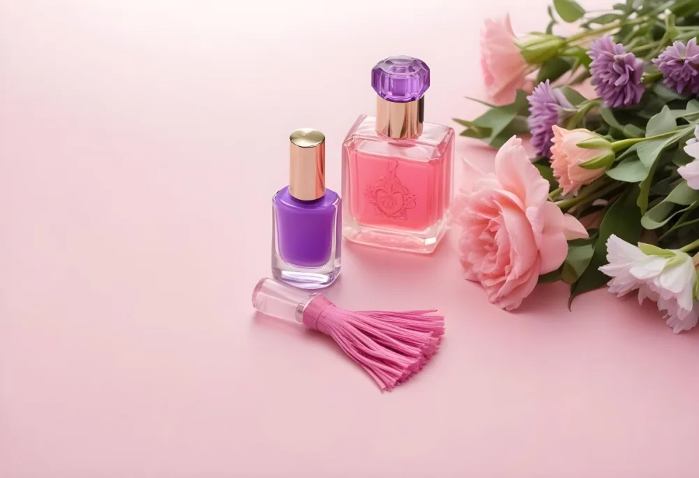 A Purple Nail Polish Bottle And A Pink Perfume Bottle With Tassel On A Pink Surface Purple Flowers In The Background 32 Bda6