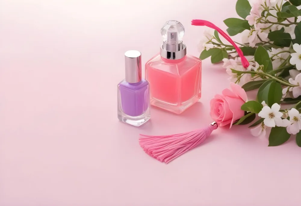A Purple Nail Polish Bottle And A Pink Perfume Bottle With Tassel On A Pink Surface Purple Flowers In The Background 36 Aeb6