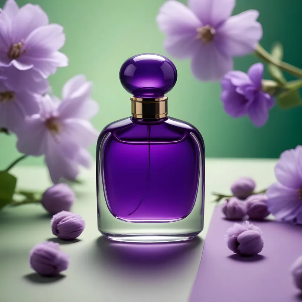 A Purple Perfume Bottle With A Round Cap On A Purple Surface With Purple Cotton Flowers In The Background Green Background 31 5aaa