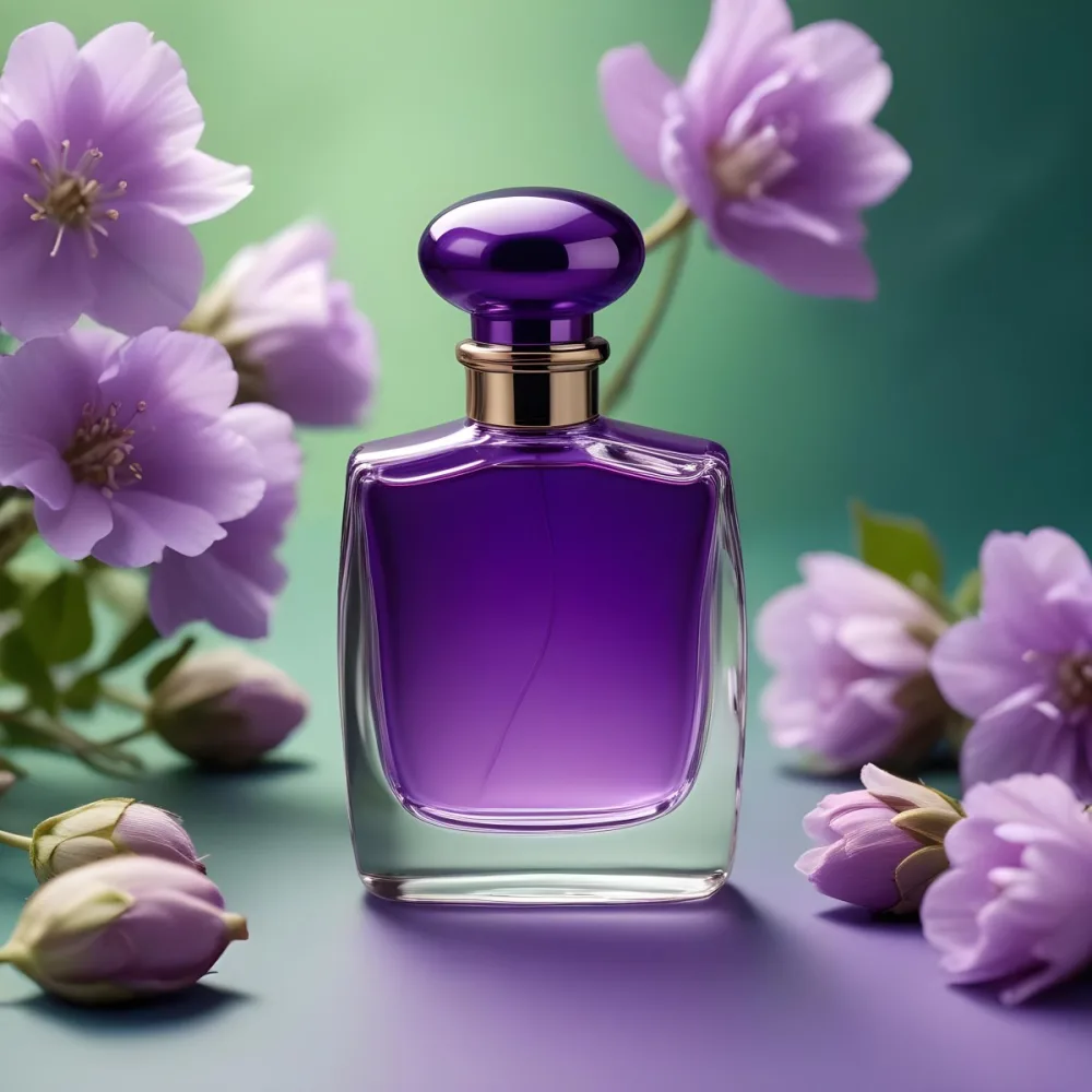 A Purple Perfume Bottle With A Round Cap On A Purple Surface With Purple Cotton Flowers In The Background Green Background 33 E6bc