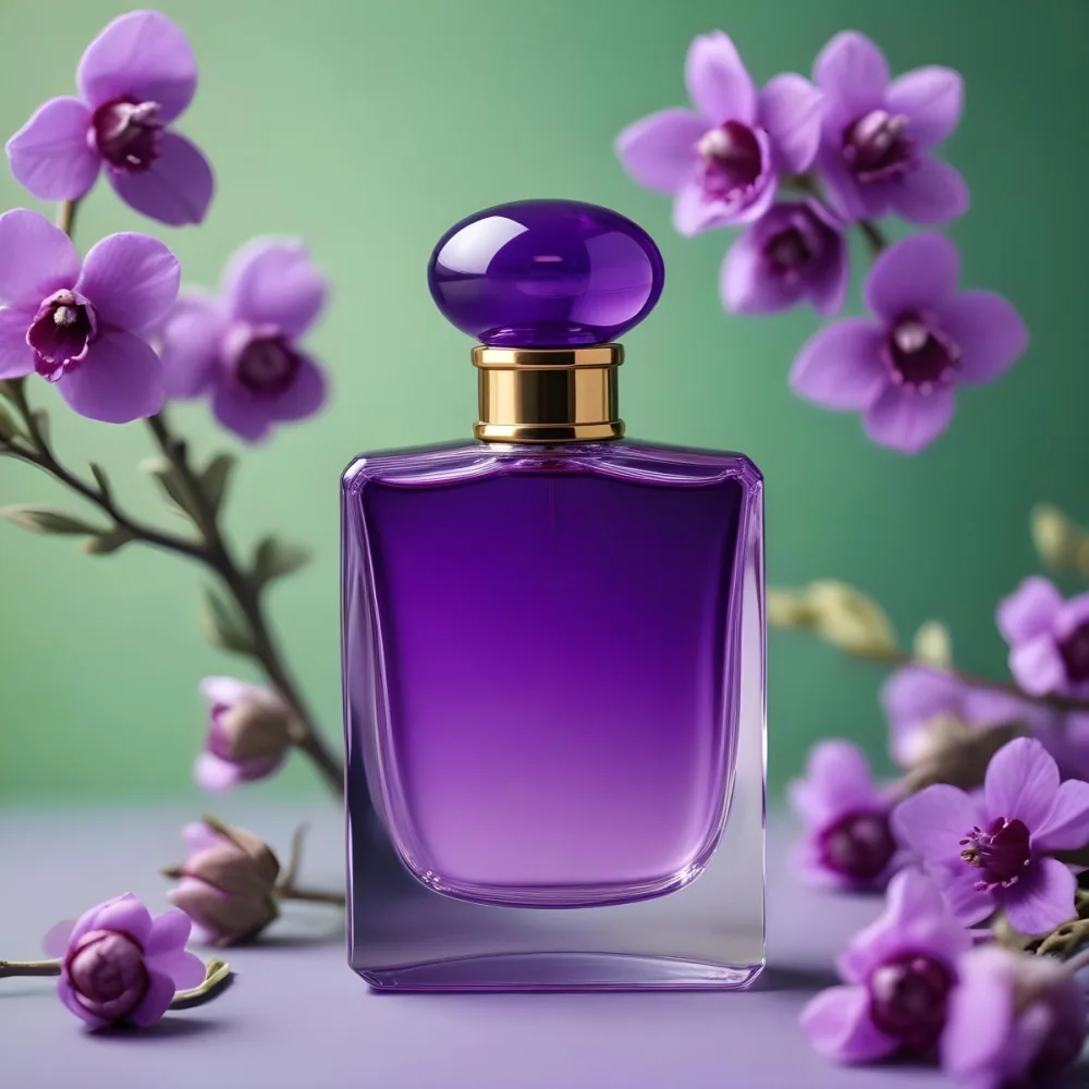 A Purple Perfume Bottle With A Round Cap On A Purple Surface With Purple Cotton Flowers In The Background Green Background 41 6dae