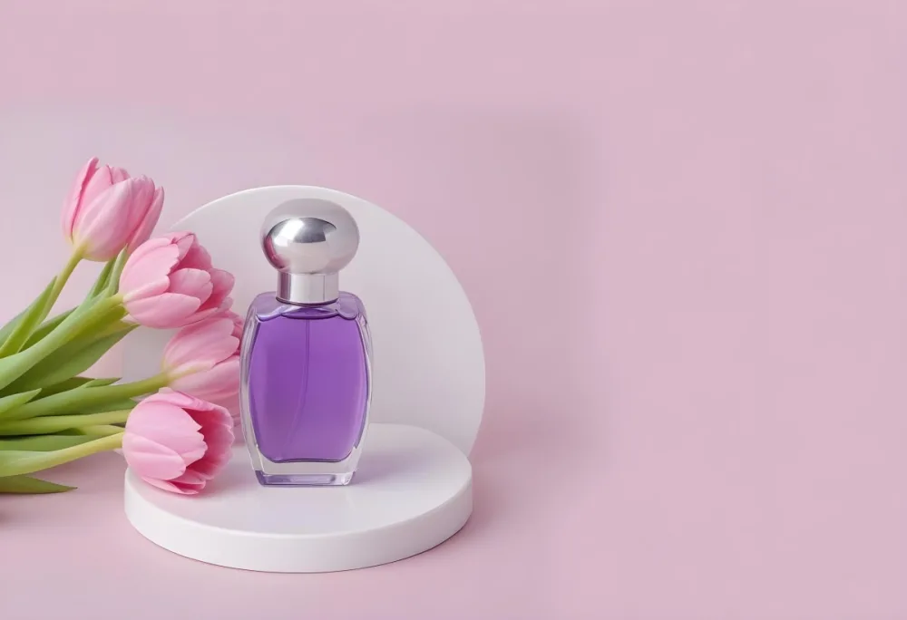 A Purple Perfume Bottle With A Silver Cap Placed On A White Circular Platform Accompanied By Pink Tulips All Against A Light Pink Background 20 06f4