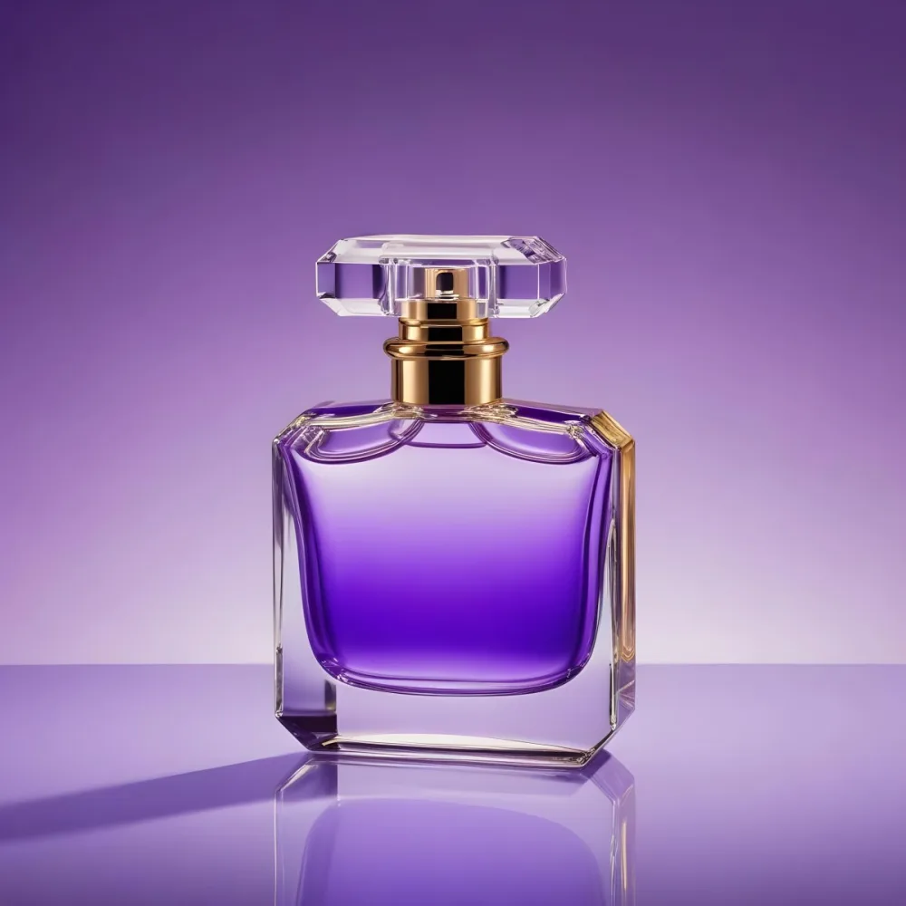 A Purple Perfume Bottle With A Transparent Cap And Golden Neck Placed On A Reflective Surface With A Gradient Purple Background 16 3f3a