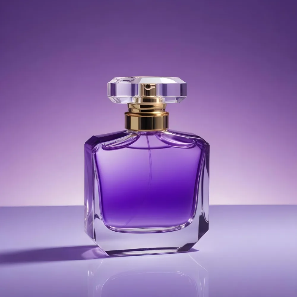 A Purple Perfume Bottle With A Transparent Cap And Golden Neck Placed On A Reflective Surface With A Gradient Purple Background 52 8f2b