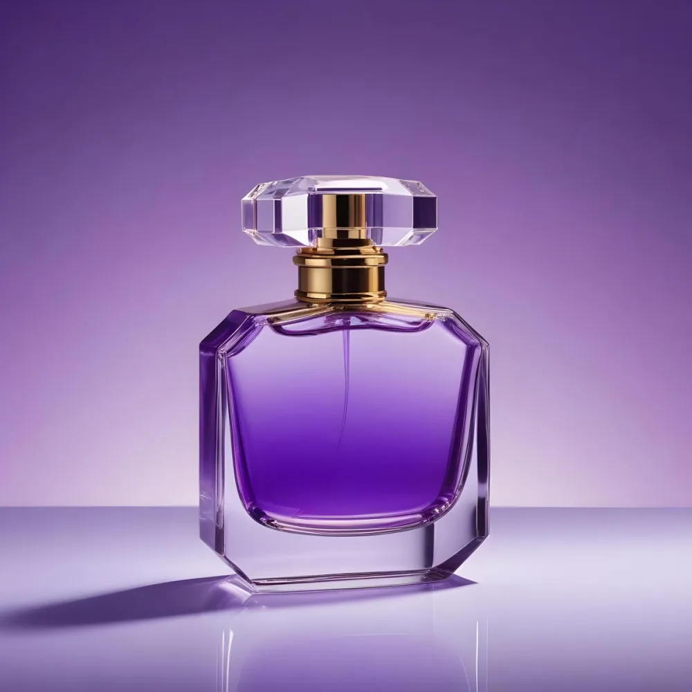 A Purple Perfume Bottle With A Transparent Cap And Golden Neck Placed On A Reflective Surface With A Gradient Purple Background 6 58d7