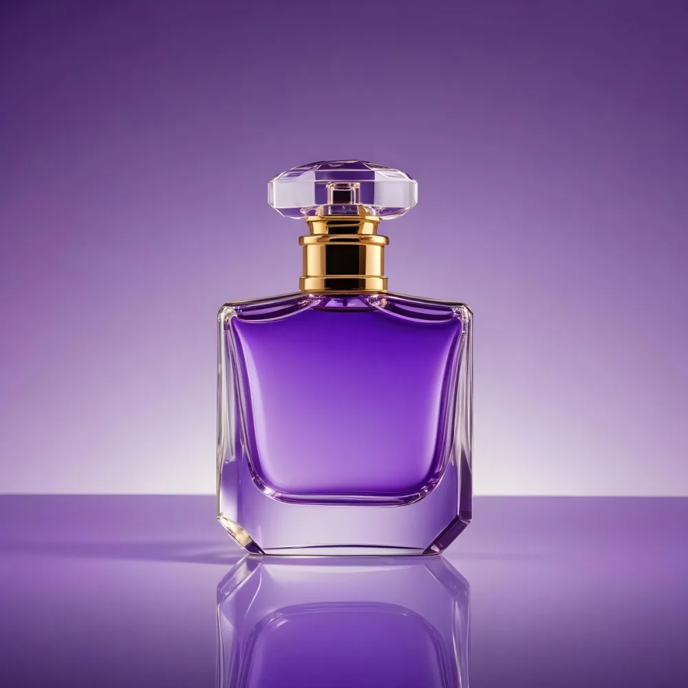 A Purple Perfume Bottle With A Transparent Cap And Golden Neck Placed On A Reflective Surface With A Gradient Purple Background 9 Eb08