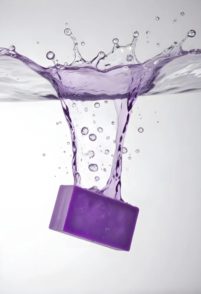 A Purple Soap Bar Falling Into The Water With Bubbles In A White Background 5 4e93
