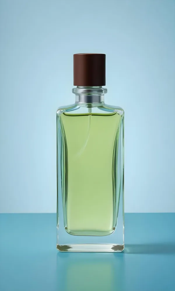 A Rectangular Glass Perfume Bottle With A Dark Brown Cap Filled With A Light Green Liquid Standing Against A Light Blue Background 1 9dc9