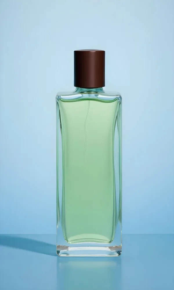 A Rectangular Glass Perfume Bottle With A Dark Brown Cap Filled With A Light Green Liquid Standing Against A Light Blue Background 20 0543
