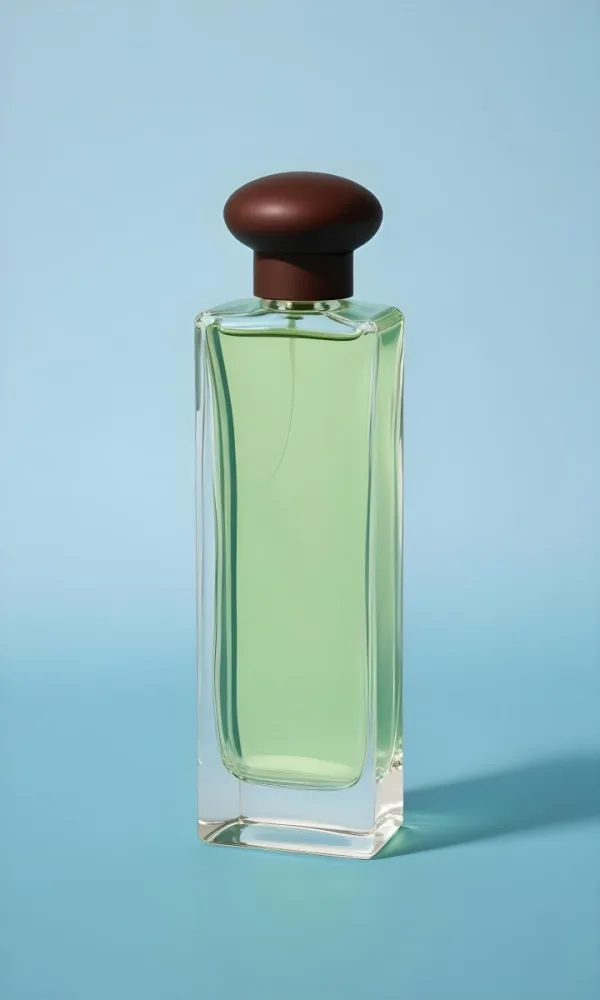 A Rectangular Glass Perfume Bottle With A Dark Brown Cap Filled With A Light Green Liquid Standing Against A Light Blue Background 21 0dda