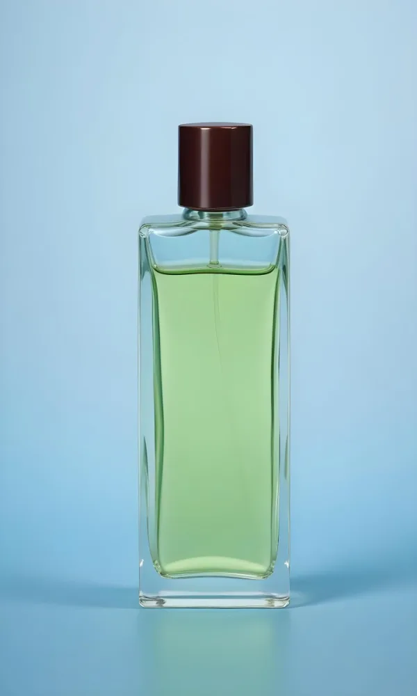 A Rectangular Glass Perfume Bottle With A Dark Brown Cap Filled With A Light Green Liquid Standing Against A Light Blue Background 24 4e20