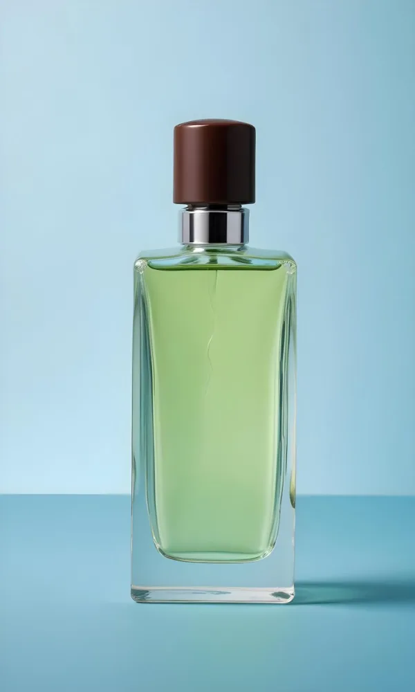 A Rectangular Glass Perfume Bottle With A Dark Brown Cap Filled With A Light Green Liquid Standing Against A Light Blue Background 28 Af94