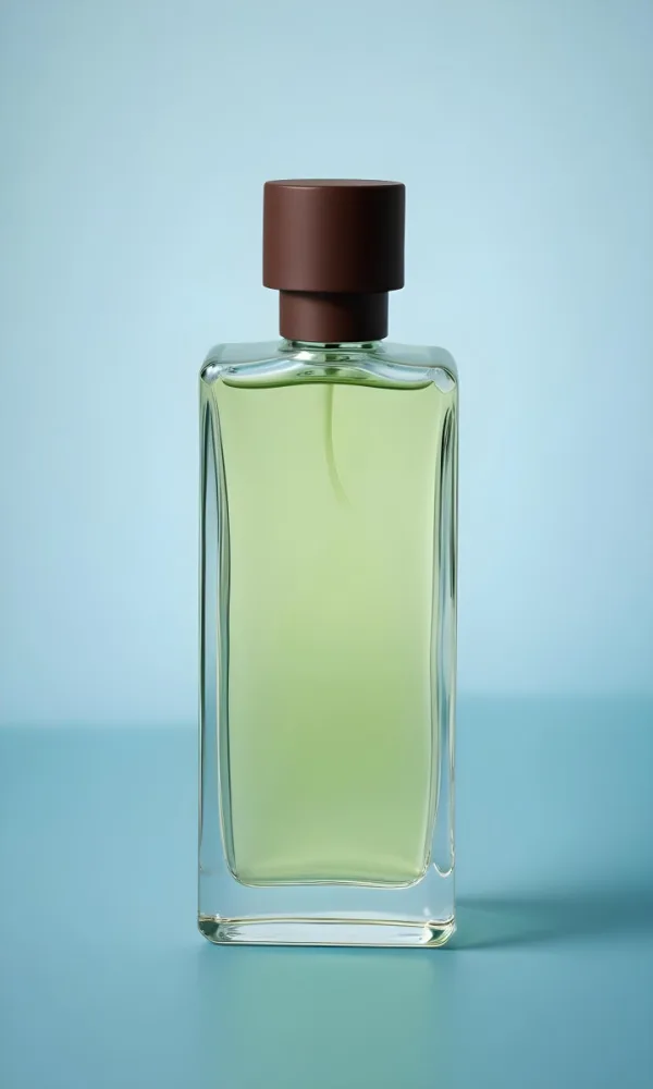 A Rectangular Glass Perfume Bottle With A Dark Brown Cap Filled With A Light Green Liquid Standing Against A Light Blue Background 30 C3c9