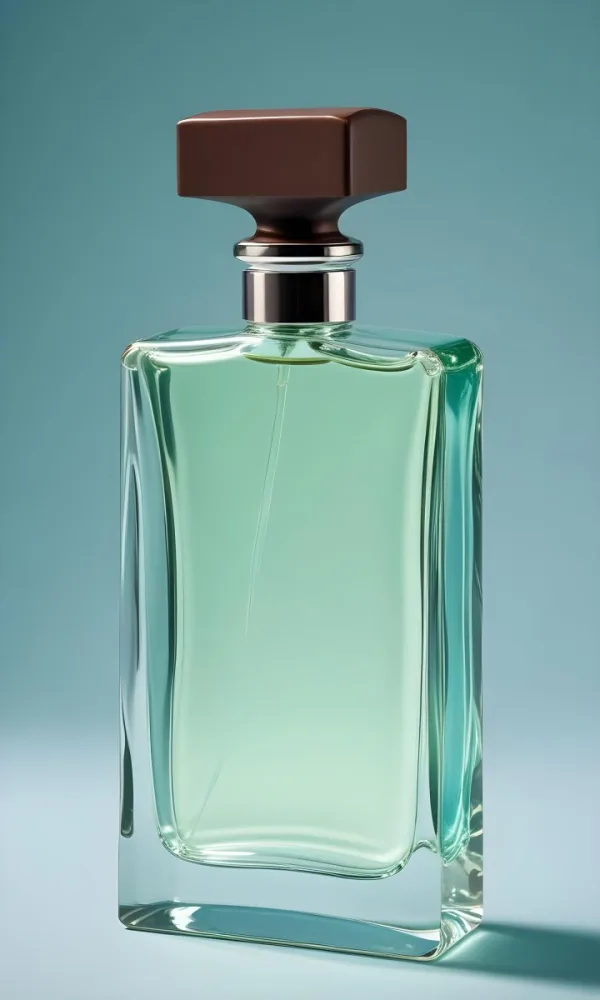 A Rectangular Glass Perfume Bottle With A Dark Brown Cap Filled With A Light Green Liquid Standing Against A Light Blue Background 34 38f8