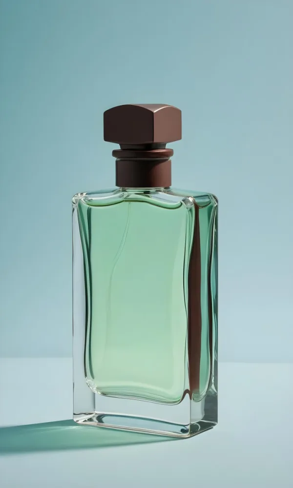 A Rectangular Glass Perfume Bottle With A Dark Brown Cap Filled With A Light Green Liquid Standing Against A Light Blue Background 4 6c39