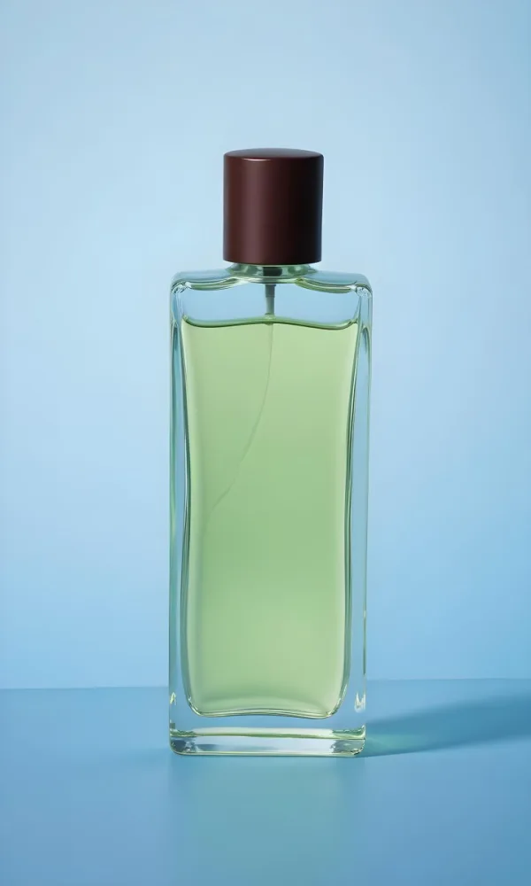 A Rectangular Glass Perfume Bottle With A Dark Brown Cap Filled With A Light Green Liquid Standing Against A Light Blue Background 43 535e