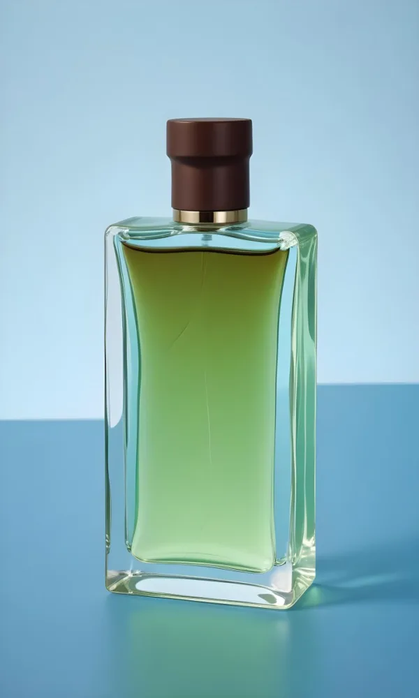 A Rectangular Glass Perfume Bottle With A Dark Brown Cap Filled With A Light Green Liquid Standing Against A Light Blue Background 44 9ffc