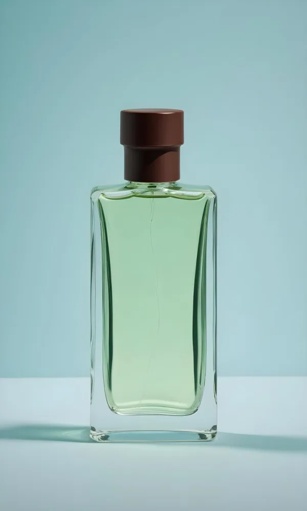 A Rectangular Glass Perfume Bottle With A Dark Brown Cap Filled With A Light Green Liquid Standing Against A Light Blue Background 46 3b08