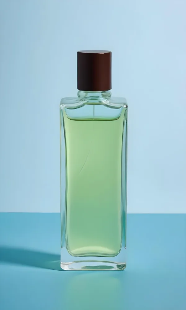 A Rectangular Glass Perfume Bottle With A Dark Brown Cap Filled With A Light Green Liquid Standing Against A Light Blue Background 47 19e0