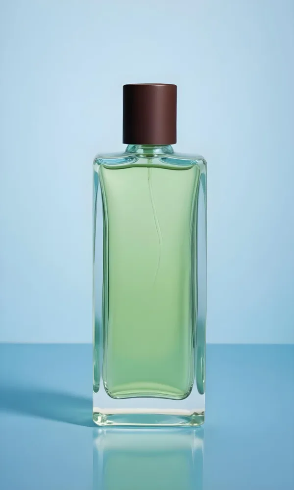 A Rectangular Glass Perfume Bottle With A Dark Brown Cap Filled With A Light Green Liquid Standing Against A Light Blue Background 49 71e7