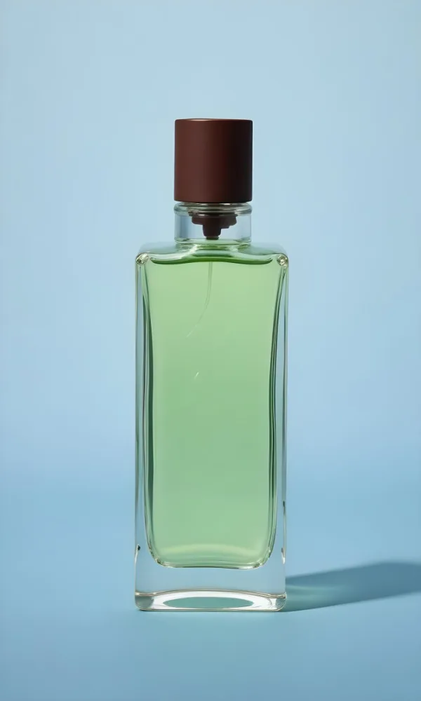 A Rectangular Glass Perfume Bottle With A Dark Brown Cap Filled With A Light Green Liquid Standing Against A Light Blue Background 8 3d89