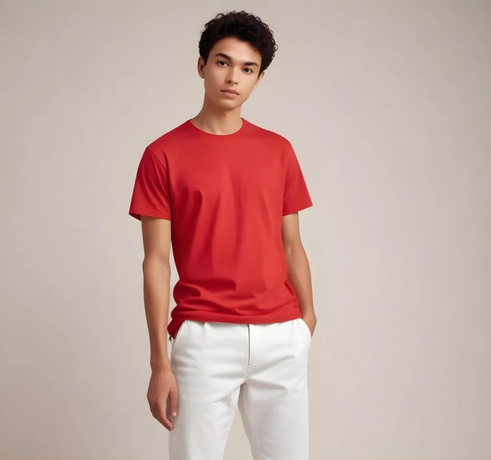 A Red Cotton T Shirt With Short Sleeves Round Neck And A Relaxed Fit Laid Flat On A White Background Showcasing Its Simple Design And Vibrant Color 2 52e1